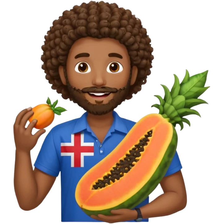 A very happy papaya with lipstick and eyelashes hugging a medium dark skinned curly hair man with a beard and Dominican flag on his shirt   emoji