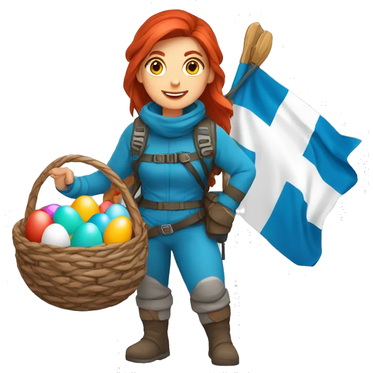 Greek Female winter mountaineer red hair white skin climbing with Greek Flag and Easter eggs basket emoji