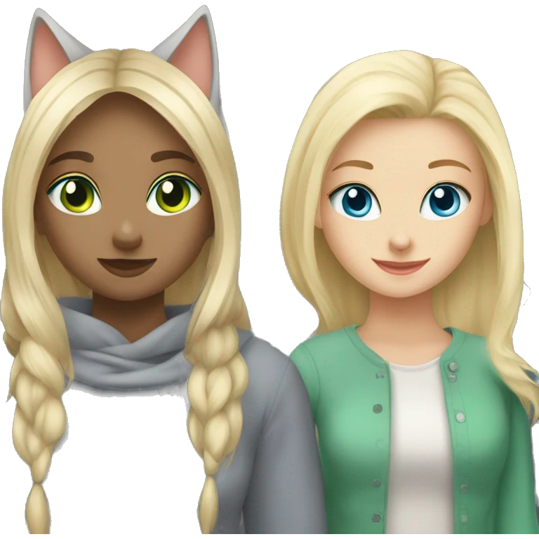 blue eyes grey kitten and green eyes blonde girl are friends emoji