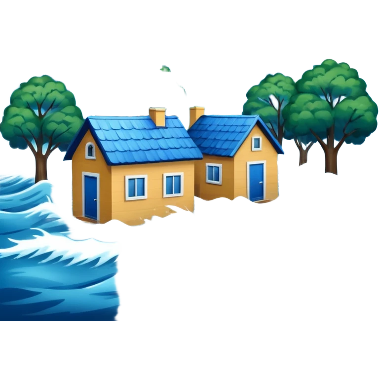showing a flood disaster scene with powerful blue water waves overflowing around small houses and trees, dark cloudy sky, heavy rain falling, dramatic yet simple design emoji