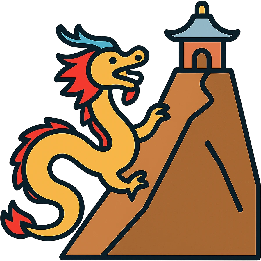 Traditional Chinese dragon ascending a steep mountain with a temple sanctuary on the peak emoji
