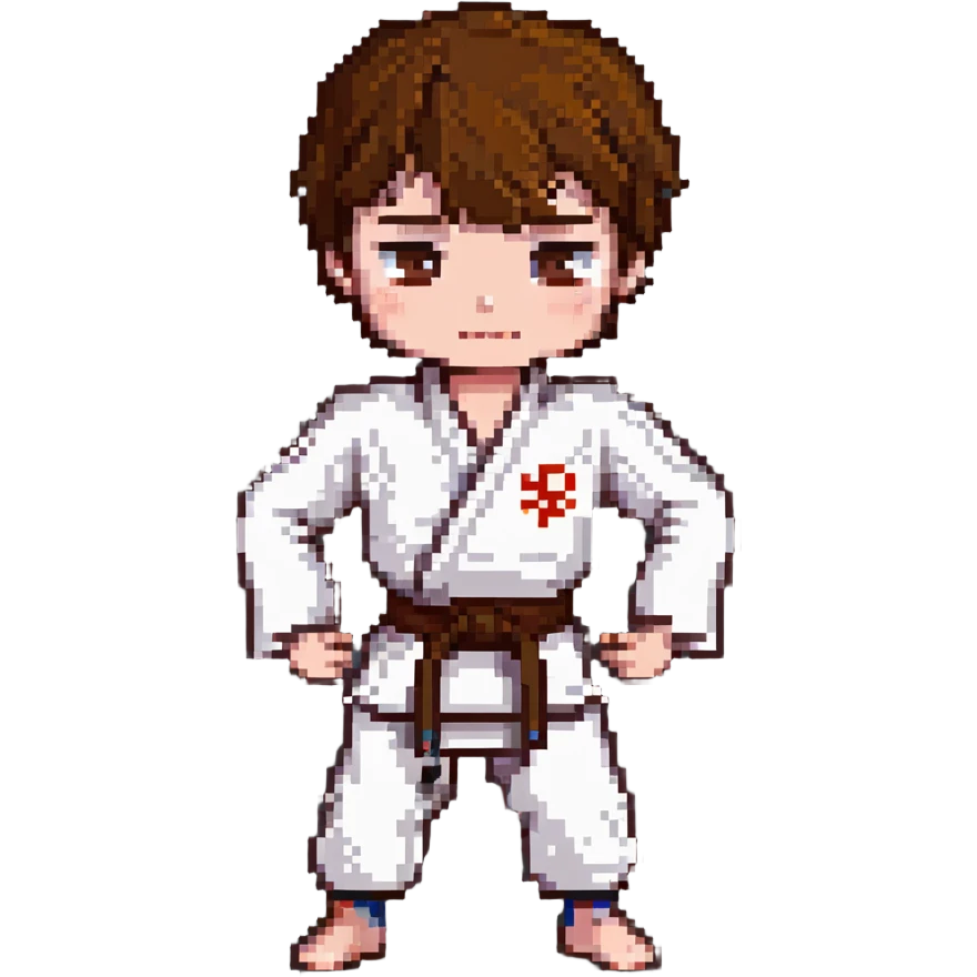 white skin adolescent with short brown hair and brown eyes practicing martial arts emoji