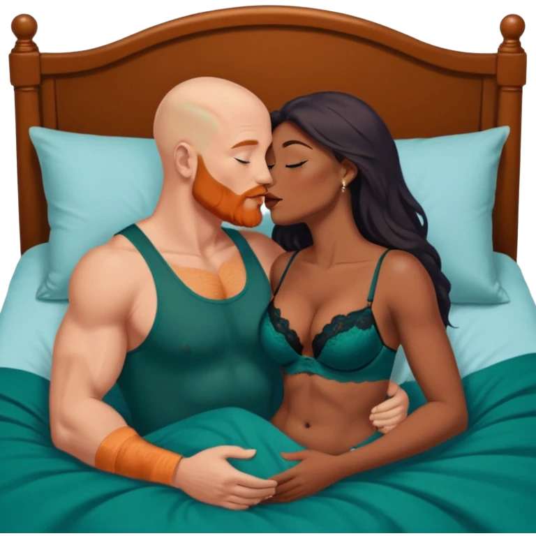 Muscular Bald white male who has a orange beard & blue eyes, passionate kissing curvy African American dark brown woman who has long brown/black hair wearing dark green lingerie Laying in bed displaying love, tenderness, physical romance, pairbonding & affection emoji