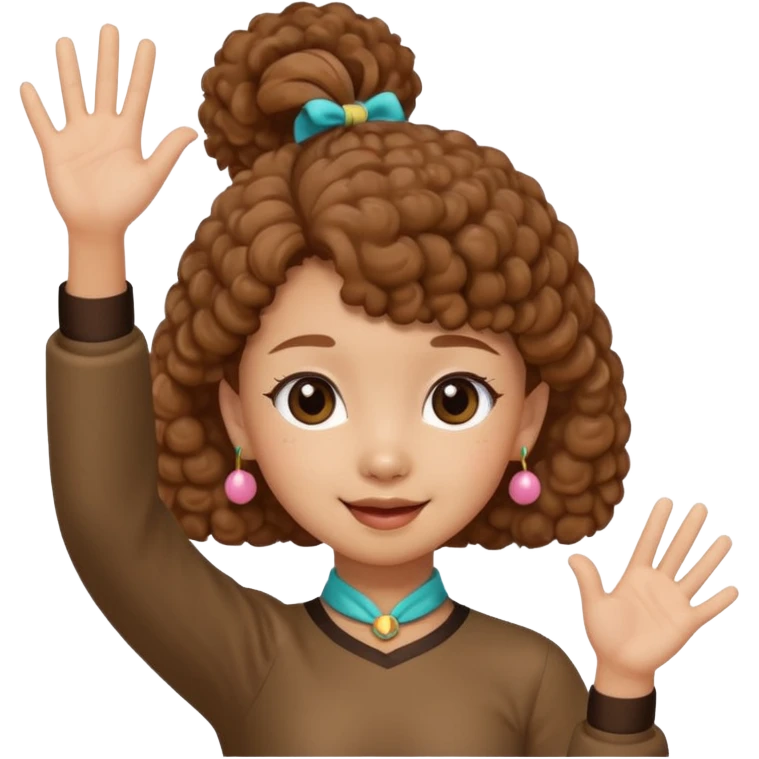 Brown mini poodle with Asia ponytail girl waving hand emoji