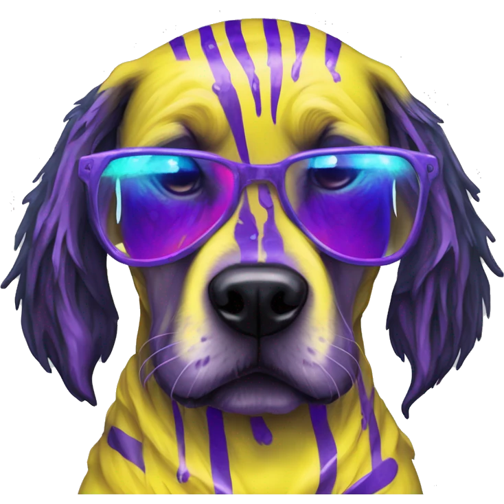 .Zombie_ Vaporwave black holographic oilslick zombie yellow Labrador zombie dog yellow caution tape graffiti stripes iridescent blue purple mane yellow stripes emoji