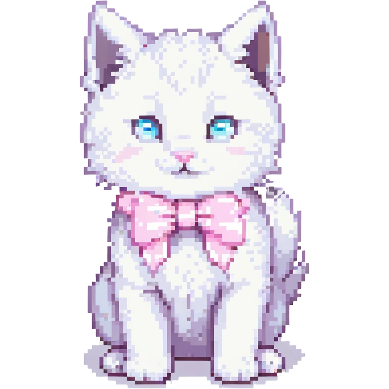 cute fluffy white kitten with a light pink bow, playful pose with one paw raised, pixel art style emoji