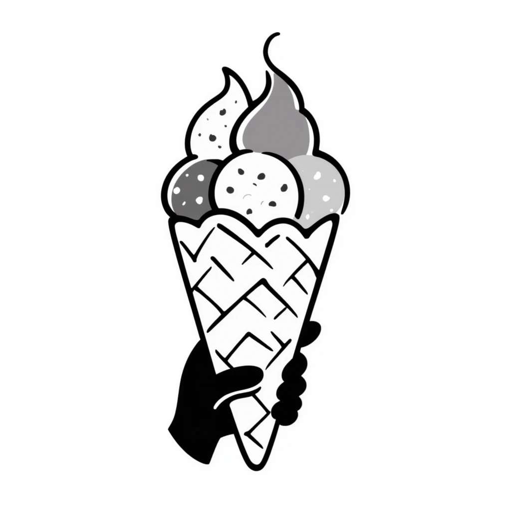 An ice cream cone with scoops of ice cream in pastel colors (dd9fb0, ffc6d3, a3bfc9, c4bee2, f1b091), hand-drawn doodle style emoji