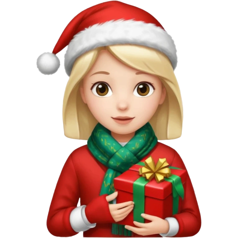 a girl wearing a chirstmas jacket and scarf and holding a christmas gift emoji