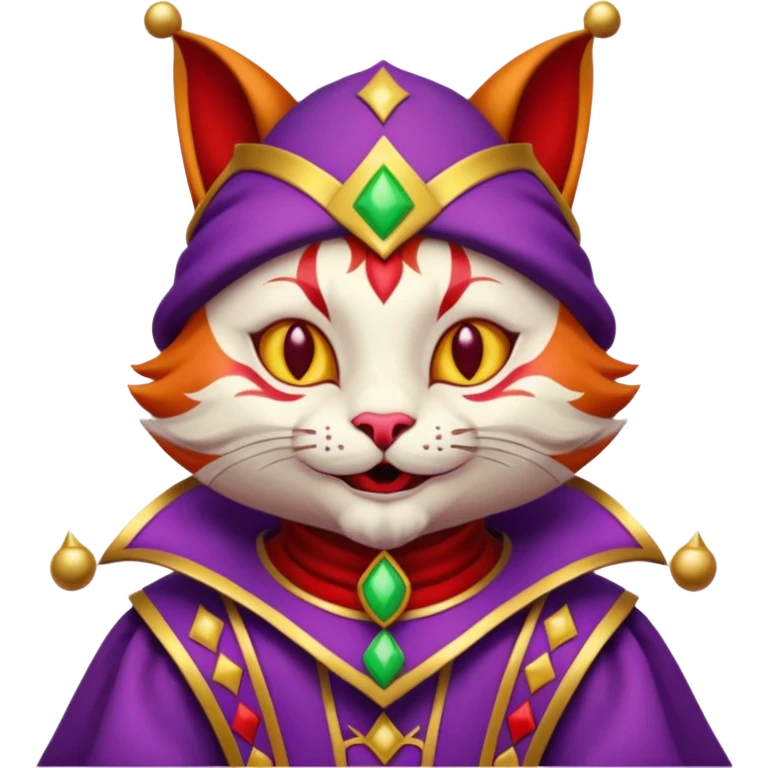 crazy colorful cute little cat jolly joker from poker, medieval, vintage, court jester, mac os icon, purple, gold and red color, half body emoji