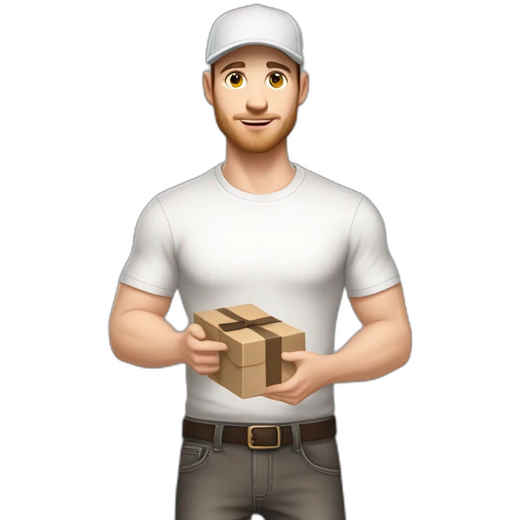 Pale skinned fit Man with dark brown hair in a light gray cap, dark brown jeans, brown polo and white T-shirt keeping a pasted with tape white box into his hands emoji