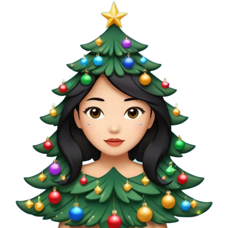 a asian woman whose black hair is a Christmas tree emoji
