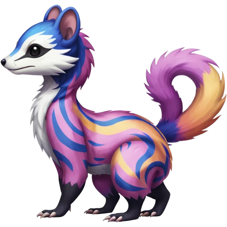 Colorful diaphanous Trico-Sergal-Skunk-Ferret-Furret-Marsupial-Vernid-fusion-Fakemon-animal-hybrid-creature, full body emoji