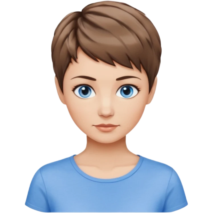 Frau, braun balayage, kurzhaarfrisur Pixie schnitt, blaue Augen, mittleres alter emoji
