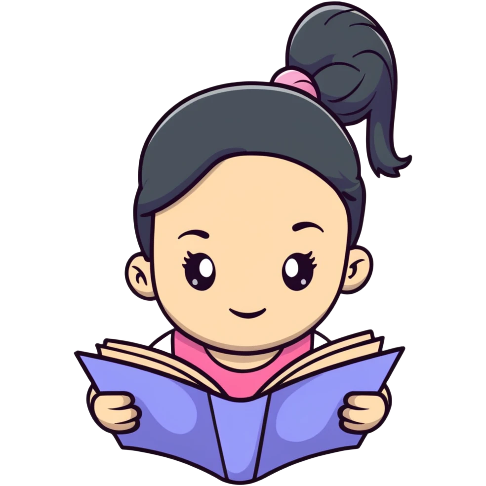 Cute girl with ponytail reading from an open notebook emoji