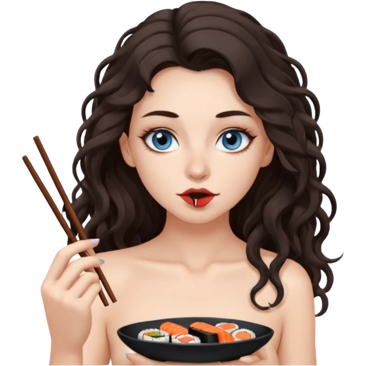 white girl, dark brown long slightly curly hair , skinni but with big breast , septum piercing on nose, beautiful dark gray-blue eyes, naked , skinny, eating sushi, emoji