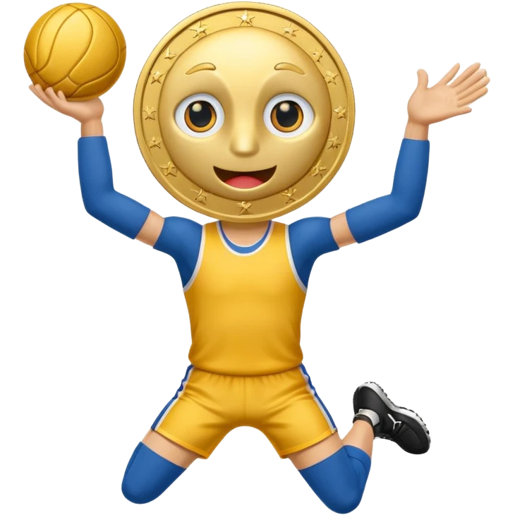coin mascot with eyes, mouth, arms and legs. playing sports emoji