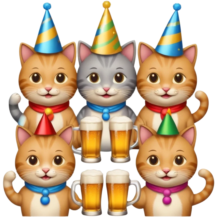 six cats drinking beer at a 40th birthday party with festive decorations, emoji style emoji