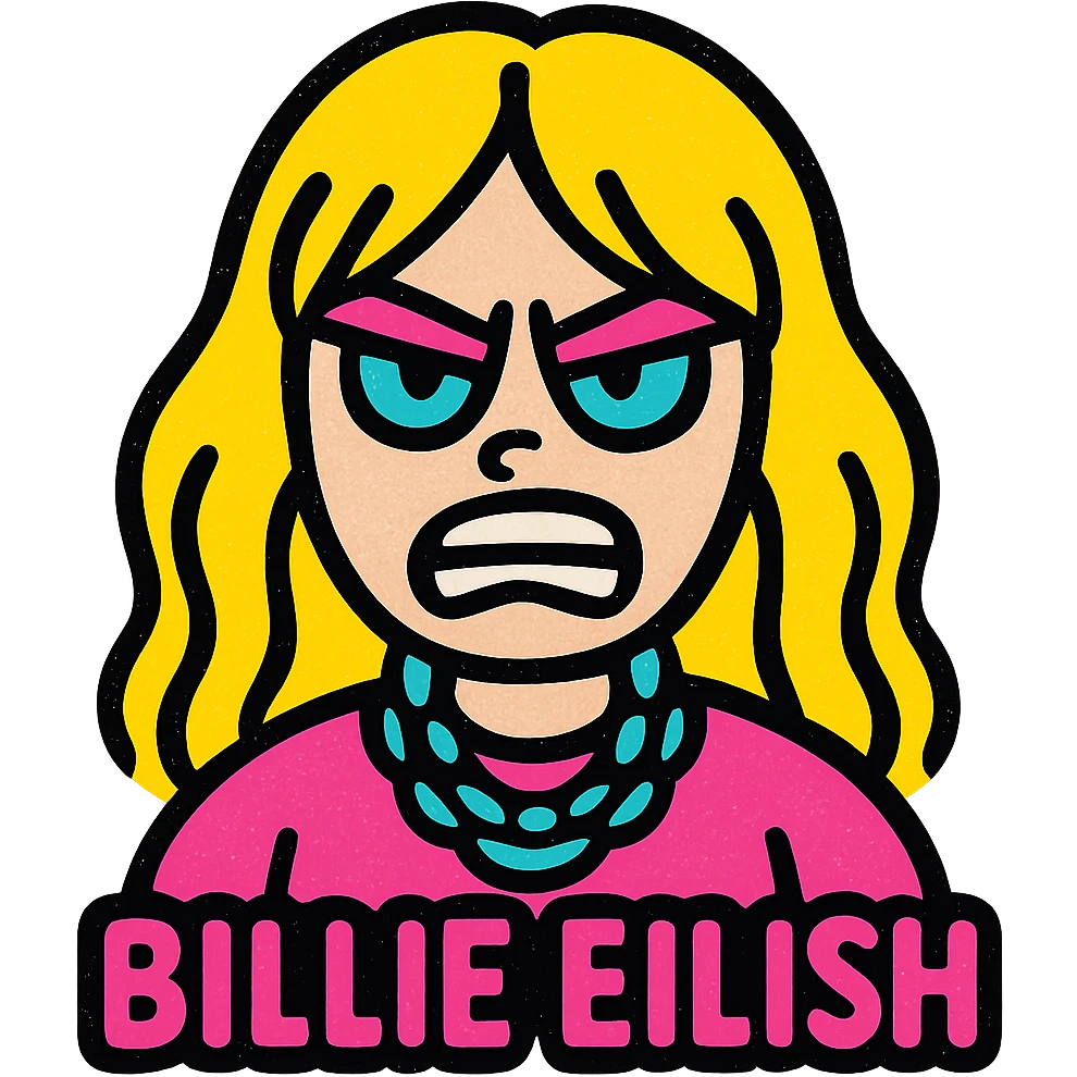Billie Eilish looking furious, bold colors, stylized, pop art style emoji