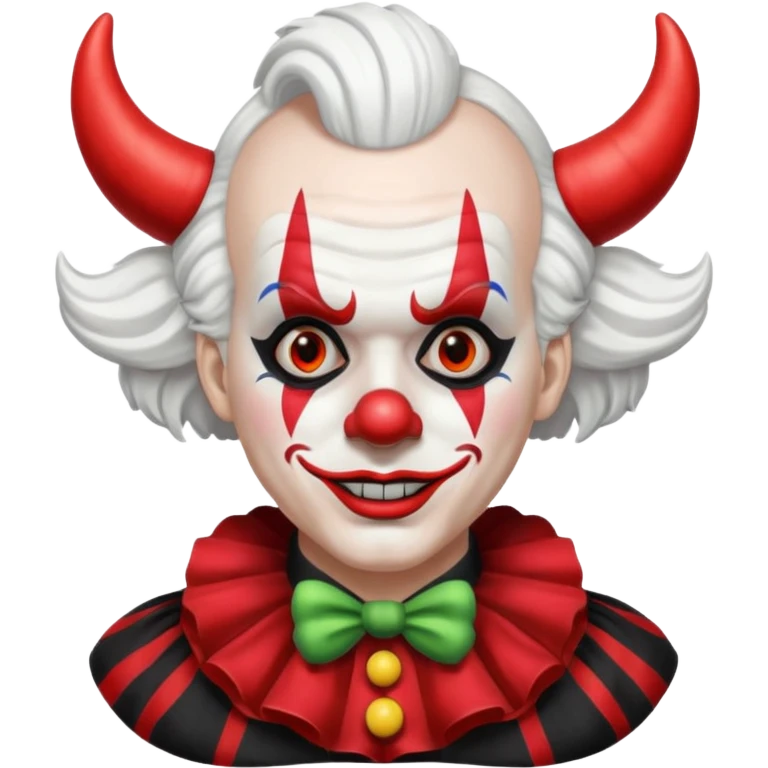 Crea un payaso que tenga toda la cara absolutamente toda la cara blanca, junto con la parte del pelo que sea blanco, pero que no tenga pelo con unos cuernos negros y que tengo un traje de payaso negro con rojo emoji