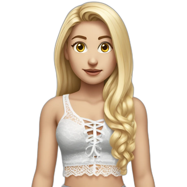 hyperrealistic caucasian female, long straight blonde hair, white lace up crop top, grey mini tight skirt, body view emoji