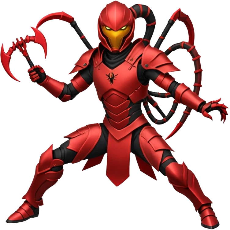 ⚡Look: Agile black-and-crimson suit with sharp angular armor Weapon: Energy whip that can split and paralyze multiple targets Details: Scorpion-like armor accents Vibe: Bold, dangerous, thrives in chaos Stance: Mid-spin, whip striking multiple foes emoji