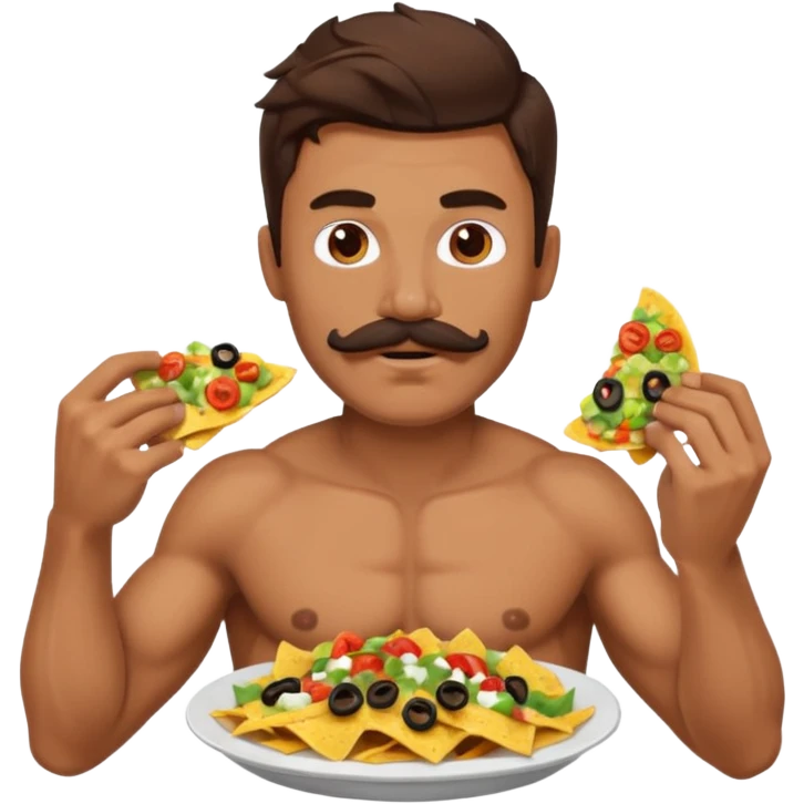 ripped guy with his shirt off and long hair and mustache eating nachos emoji
