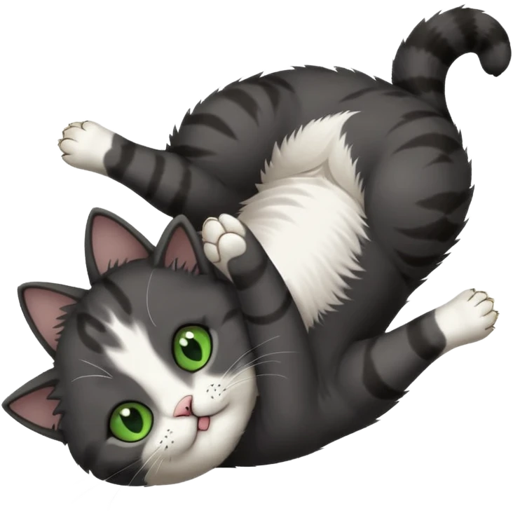 dark grey cat with green eyes, white toes/paws and white patch on her chest playfully rolling upside down emoji