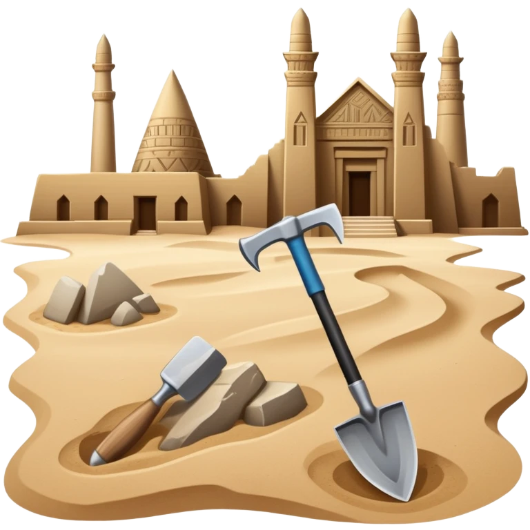 An icon showing archaeological tools—trowel, brush, and pickaxe—laid out on the sand, with the ancient Karnak temple ruins in the background. The design symbolizes exploration and discovery of ancient Egyptian history. Transparent background emoji