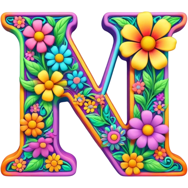 3D, gothic style psychedelic colored Letter V with hippie style flower border emoji