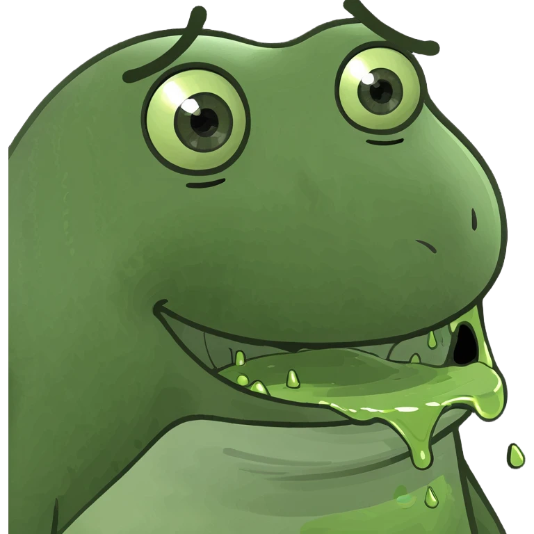 cartoonish green blob emoji with dripping slime, big eyes, goofy grin, evoking AI slop, inspired by Slimer from Ghostbusters emoji