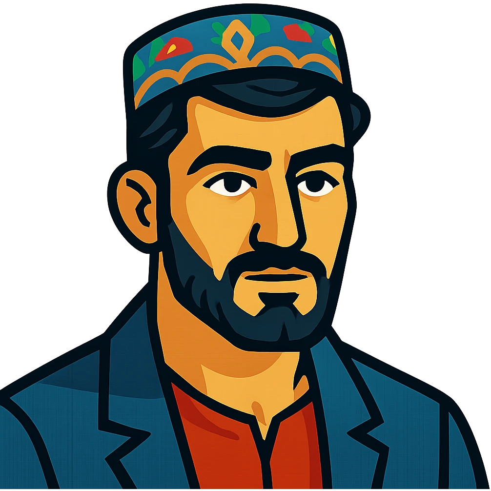 A Tajik man with masculine features, expressive eyes, thick eyebrows, dark hair, and light-olive skin, neatly kept facial hair emoji