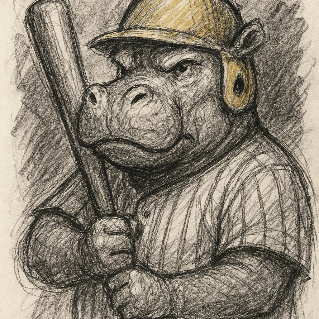 hippo holding a baseball bat, wearing a yellow helmet, pinstripes outfit emoji