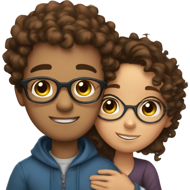 boy with brown hair and glasses hugs girl with curly brown hair and blu eyes  emoji