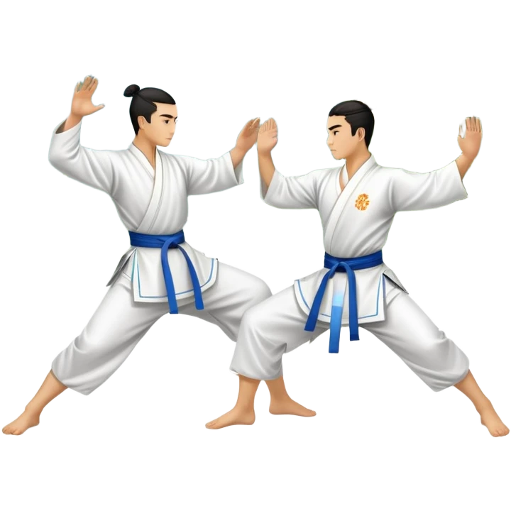 Two martial artists in traditional Wushu attire, performing elegant, fluid moves. The background shows a peaceful, scenic landscape with mountains and bamboo trees, symbolizing the balance of power and grace in Wushu.  emoji
