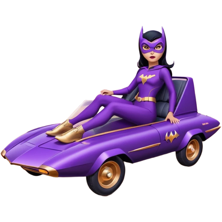 Hot full size real-appearance racing action BatGirl’s feminine midnight-purple tight outfit sixty’s tv show 1992 stealth retro cat burglar sporty petite off-road pursuit hovering hover cruiser car rose gold accents (black hair,reclined and relaxed seating position and attitude) desert emoji