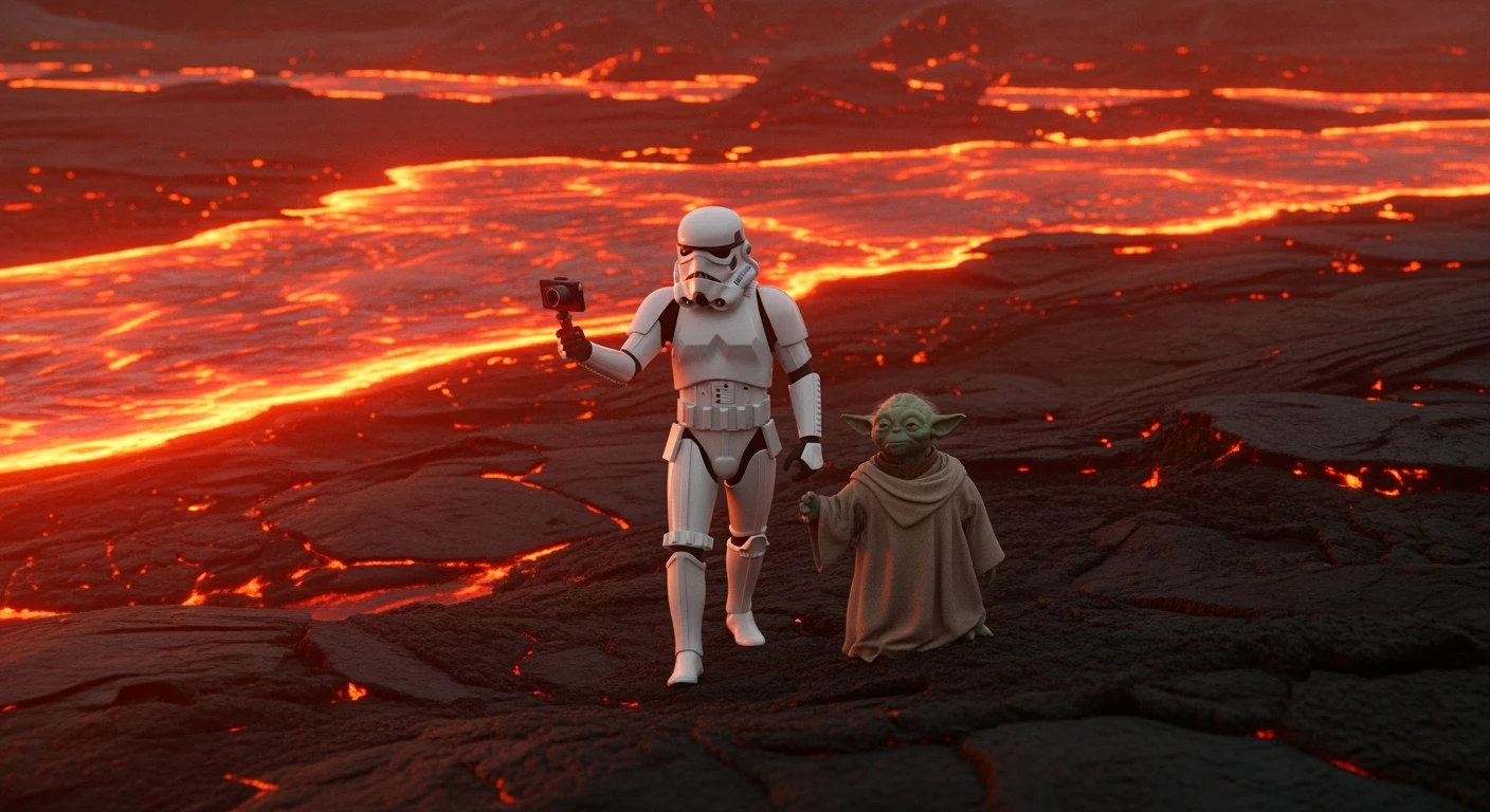 Starwars stormtroopers vlogging holding camera, he is walking on lava planet with yoda emoji
