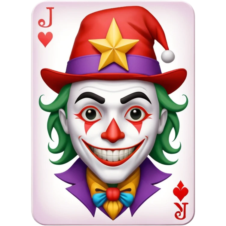 1 poker card, perfectly squared card, with crazy colorful human jolly joker inside, star symbol with a "J" emoji