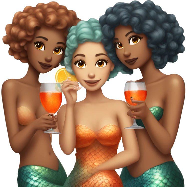 Three beautiful mermaids light skin drinking aperol emoji