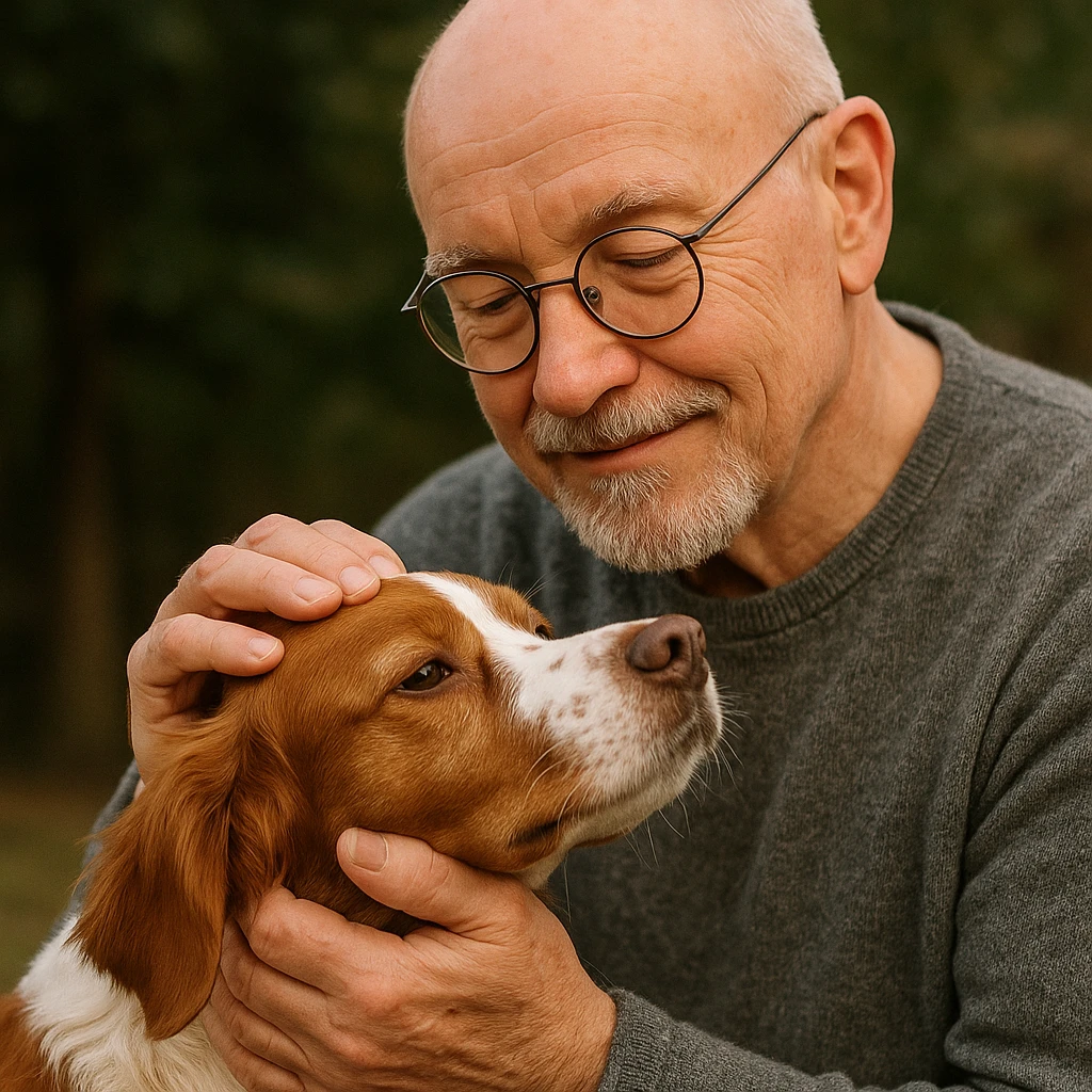 bald old man with round glasses and a grey goatee, petting a Brittany Spaniel, gentle and affectionate vibe emoji