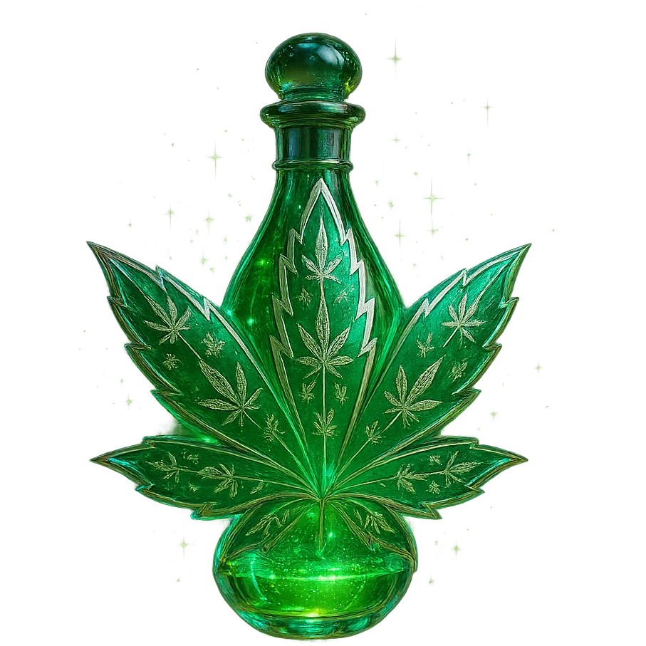 cannabis leaf-shaped luxurious elixir bottle or with cannabis motifs, vibrant green color, iridescent and silver details, maximum intense magical glowing and sparkling effects, very small neck, seamless bottom, transparent background, floating, no base or shadow, modern, matching a collection emoji