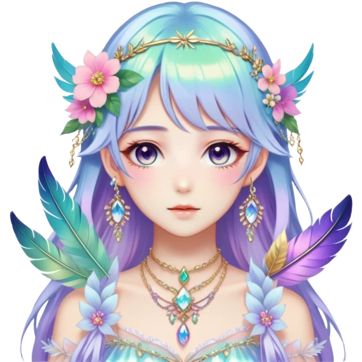 Beautiful gorgeous anime lady with beautiful iridescent-special-hair, fashion aesthetic, ethereal, fairycore, pastelcore, feather, flower, crystals, accessories, jewelries, gold, colorful emoji