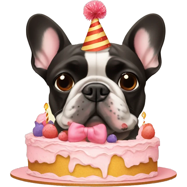 two french bulldogs birthday hats and cake emoji