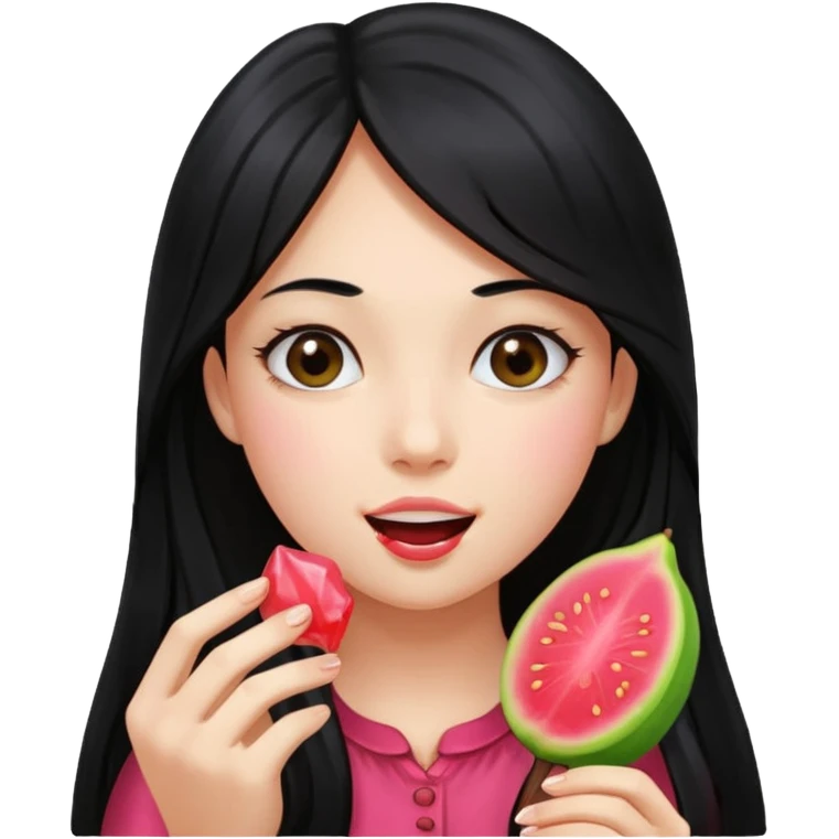 A girl with long black hair holding a piece of guava hard candy and pretending to eat it emoji