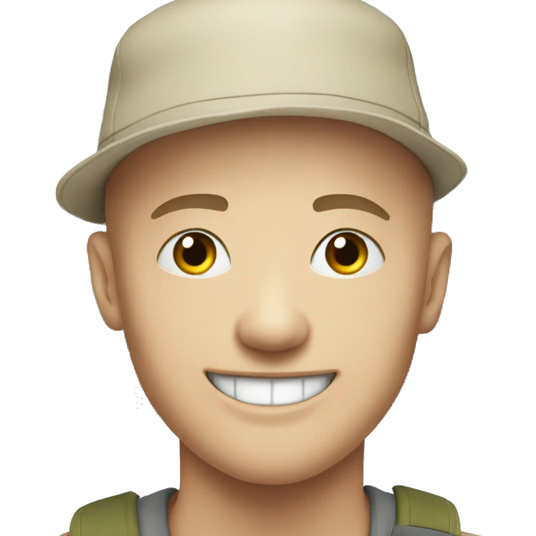 smiling white young bald man outdoors with hat emoji