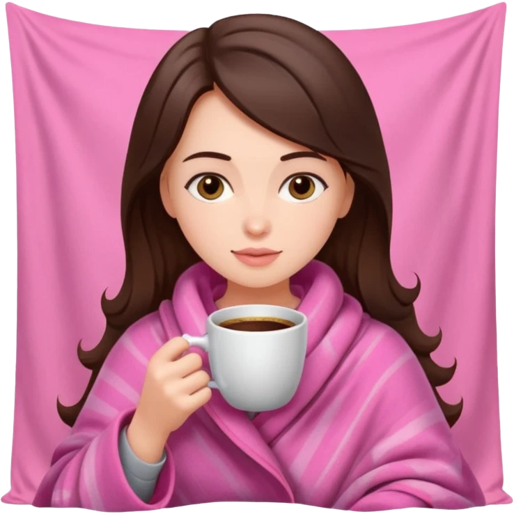 Brunette girl in pink blanket drinking coffee emoji