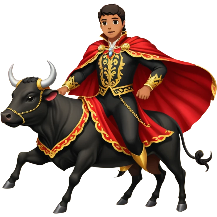Create a realistic image of a traditional bullfighting scene in a Spanish arena.
Show a bullfighter (matador) HOLDING a red cape (muleta) not wearing one. as a powerful black bull charges toward it. NOT riding the bull. emoji