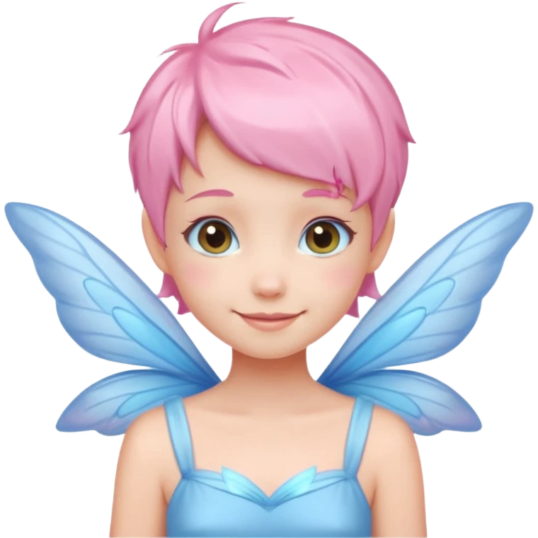 A tiny pastel fairy with pink short hair with glowing wings and a sweet smile  emoji
