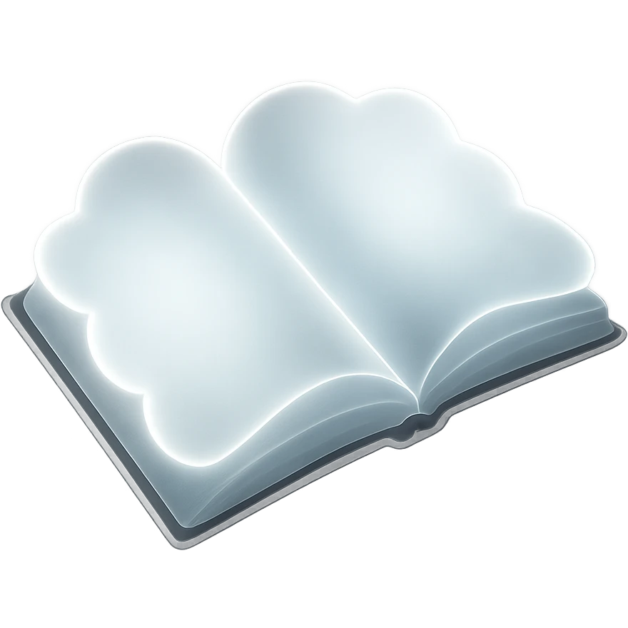 spread book from above, each page is a convex cloud, very bright white color, matte glass style emoji