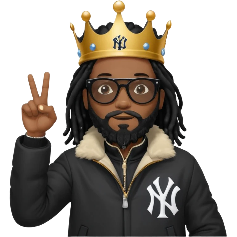 African American man with shoulder length black dreadlocks with black beard wearing black sunglasses wearing Crown on his head wearing a black bubble m New York Yankees logo winter coat pointing up emoji