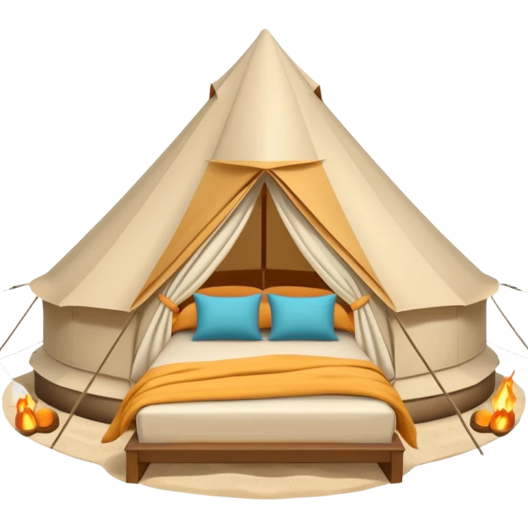 luxury glamping bell tent on sand with plush bedding inside emoji